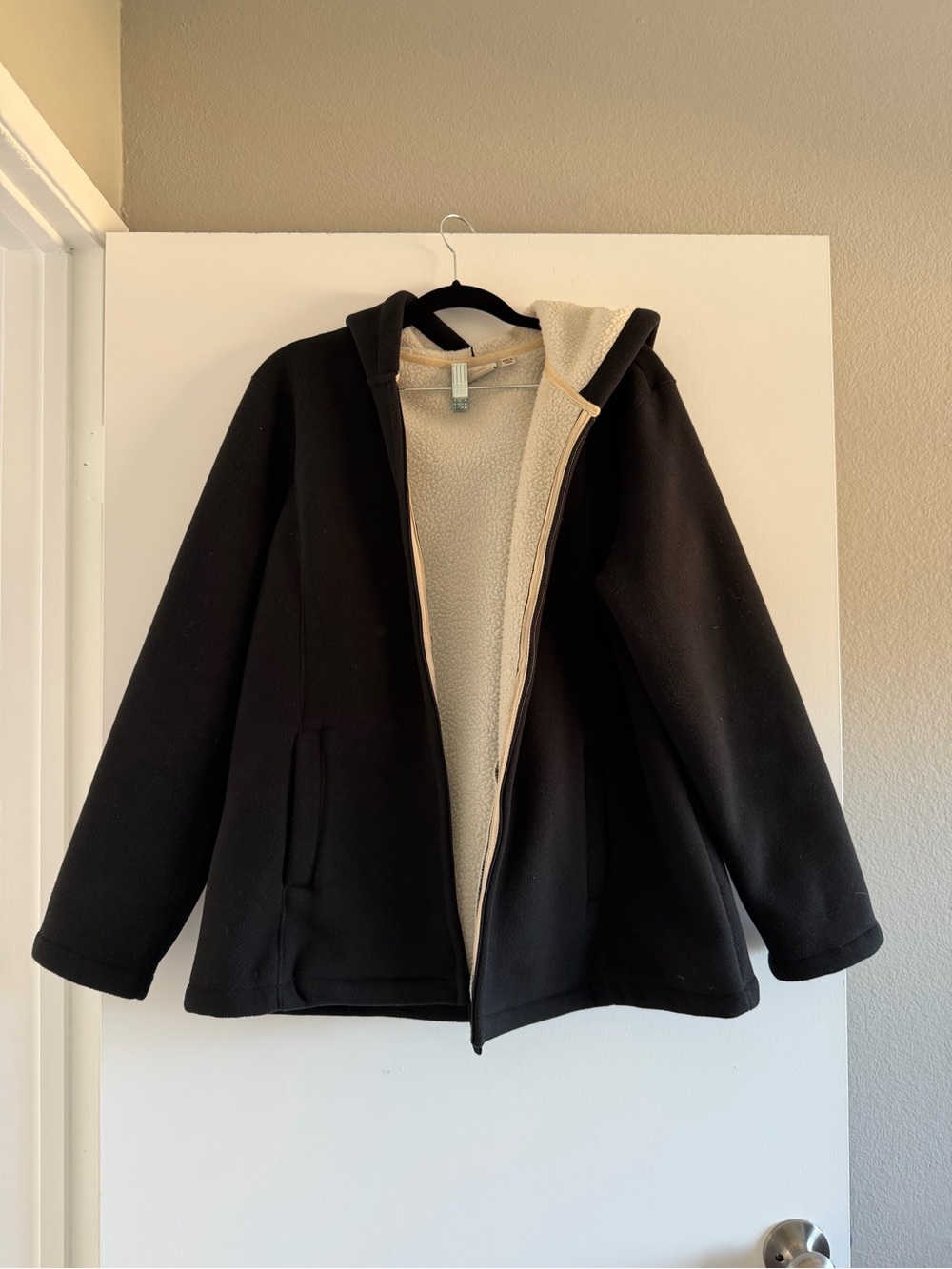 Women's Black Hooded Coat with Cream Sherpa Lining